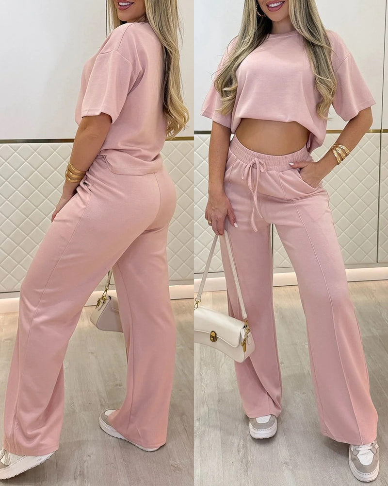 2 Pieces Outfit O-neck Short Sleeve Side Slit Top and Casual Drawstring Elastic Waist Seam Front Wide Leg Pants Set