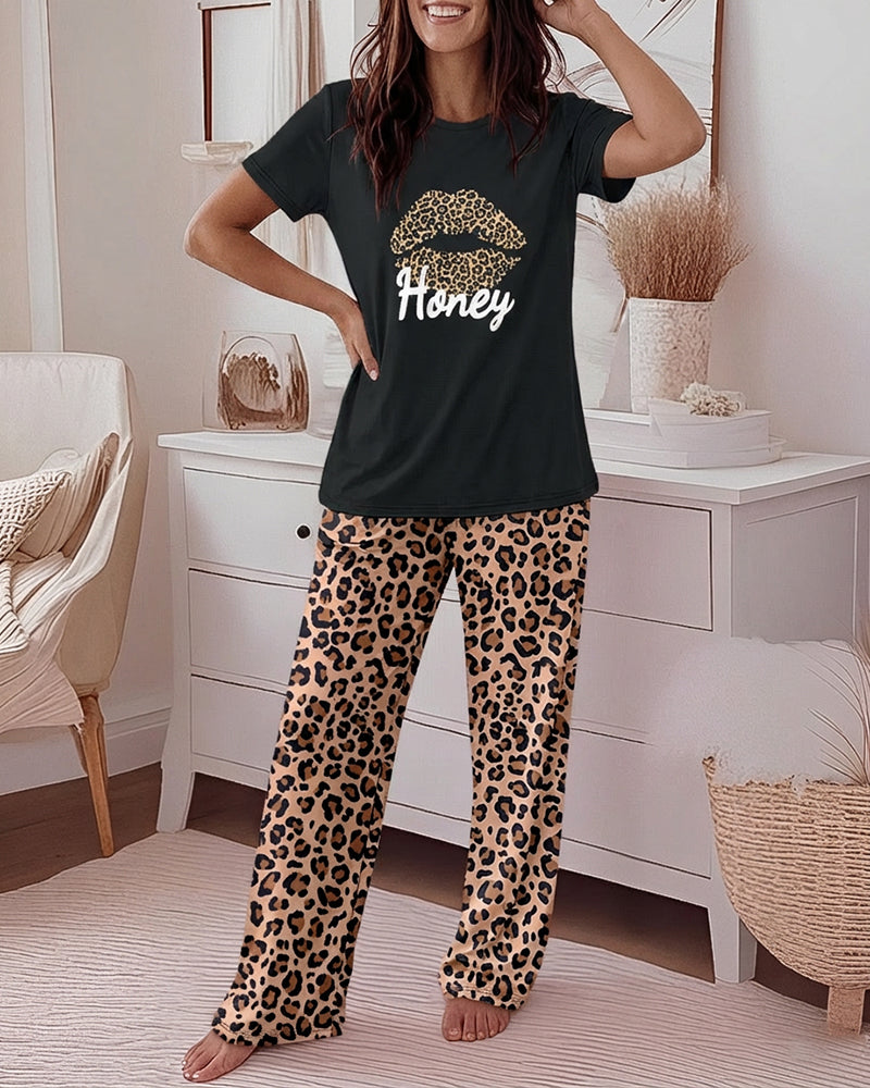2 Pieces Outfit Lip & Honey Letter Print Short Sleeve Top and Elastic Waist Pants Set Casual Leopard Print Pajamas Set