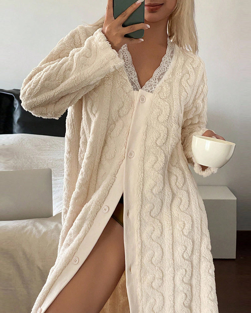 Stylish Contrast Lace V Neck Night Dress Casual Long Sleeve Weaving Knit Coral Sleepwear