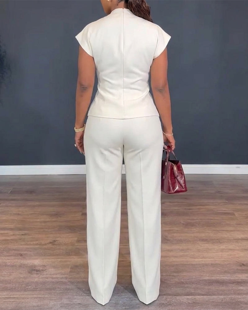 2 Pieces Outfit V-Neck Short Sleeve Twist Front Zipper Back Top and Straight Leg Pants Set Casual Commuting Set