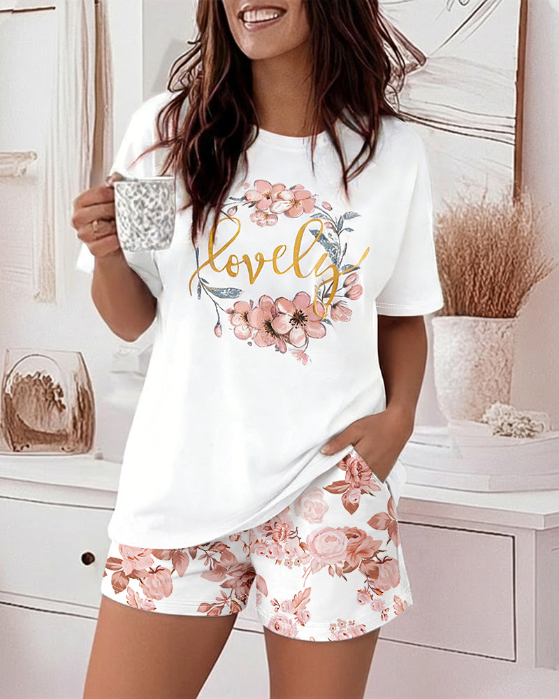 2 Pieces Outfit Floral & Lovely Letter Print Round Neck Short Sleeve Top and Floral Print Elastic Waist Shorts Set Casual Pajamas Set