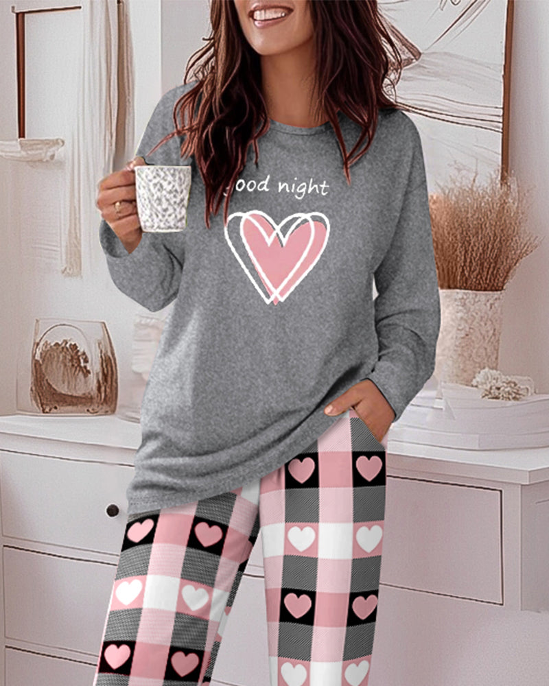 2 Pieces Outfit Good Night Slogan Print Long Sleeve Top and Plaid Print Elastic Waist Pants Set Casual Heart Print Pajamas Set