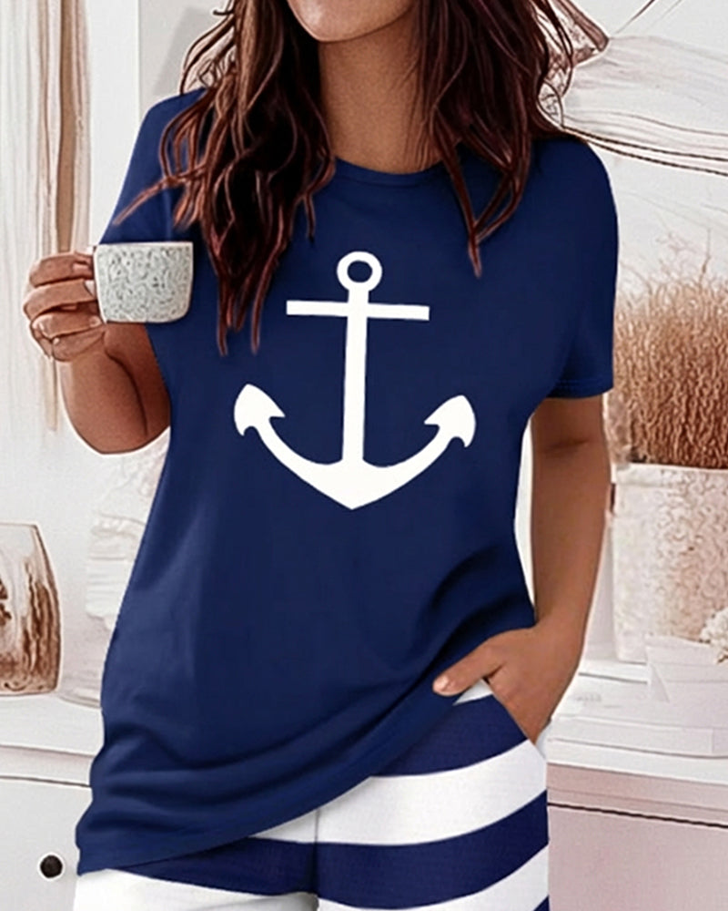 2 Pieces Outfit Anchor Print Round Neck Short Sleeve Top and Striped Elastic Waist Shorts Set Casual Pajamas Set
