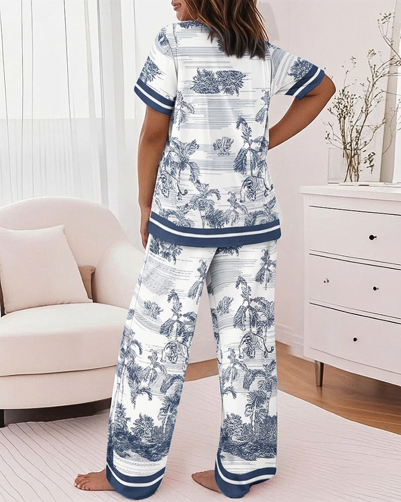 2 Pieces Outfit Short Sleeve Top and Elastic Waist Pants Set Casual Ink Plants & Animal Placement Print Contrast Paneled Pajamas Set
