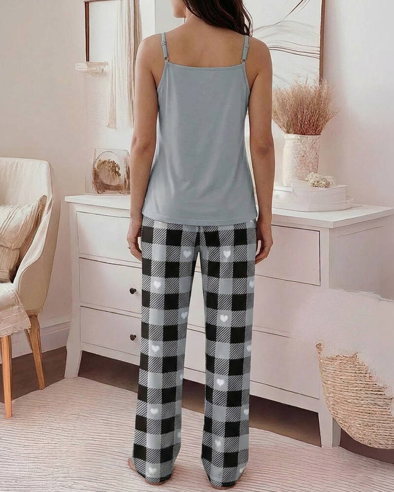 2 Pieces Outfit Eyelash & Sleep Letter Print U-Neck Adjustable Spaghetti Straps Cami Top and Plaid & Heart Print Elastic Waist Wide Leg Pants Set Casual Pajamas Set