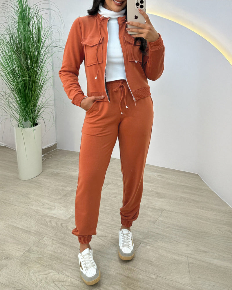 Stand Collar Long Sleeve Pocket Dec Zipper Top and Casual Elastic Waist Drawstring Pants Sets