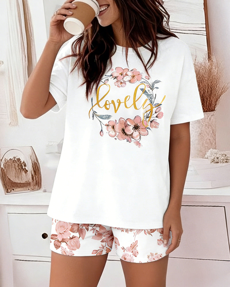 2 Pieces Outfit Floral & Lovely Letter Print Round Neck Short Sleeve Top and Floral Print Elastic Waist Shorts Set Casual Pajamas Set