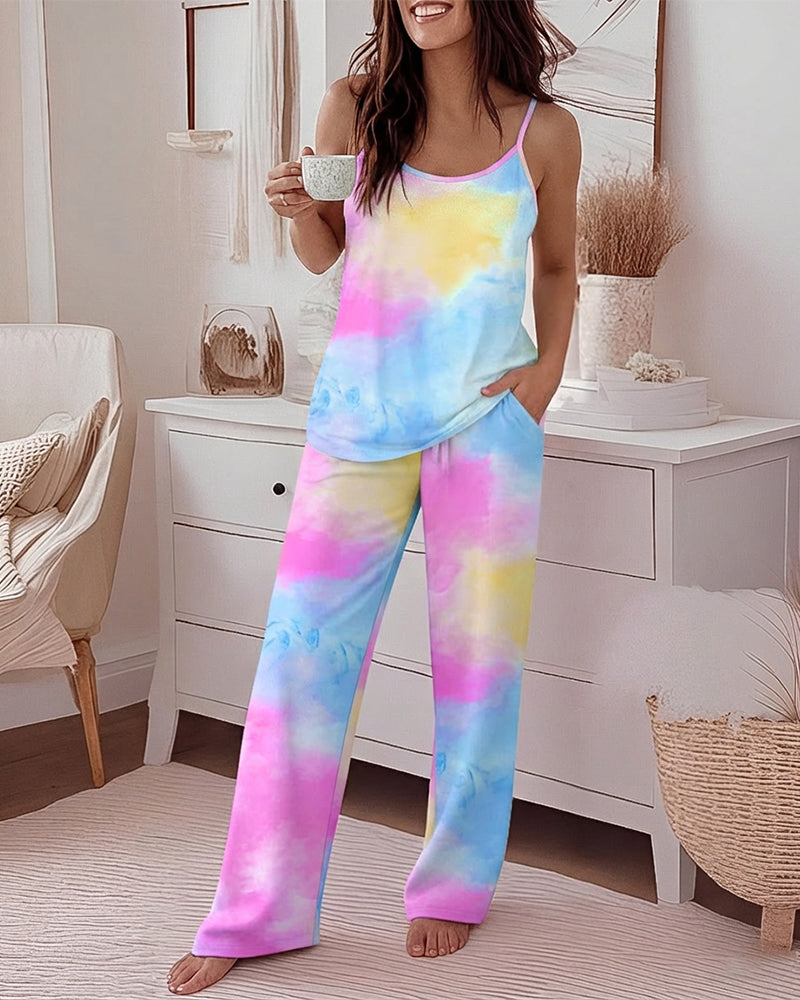 2 Pieces Outfit U-Neck Adjustable Spaghetti Straps Cami Top and Elastic Waist Wide Leg Pants Set Casual Tie Dye Print Pajamas Set