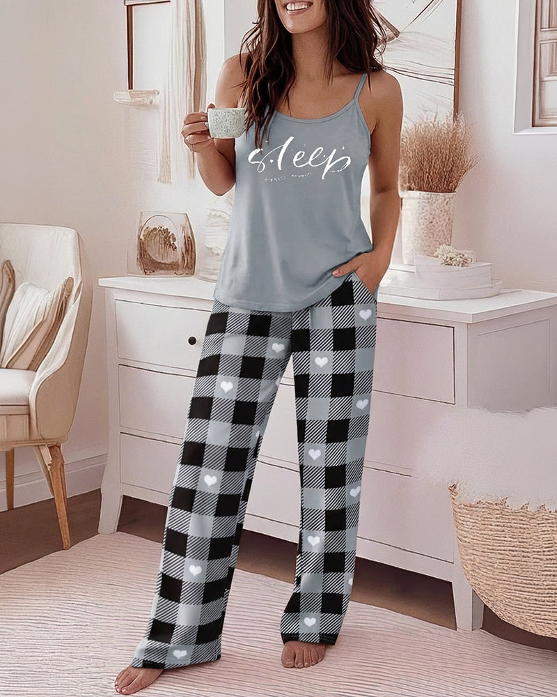 2 Pieces Outfit Eyelash & Sleep Letter Print U-Neck Adjustable Spaghetti Straps Cami Top and Plaid & Heart Print Elastic Waist Wide Leg Pants Set Casual Pajamas Set