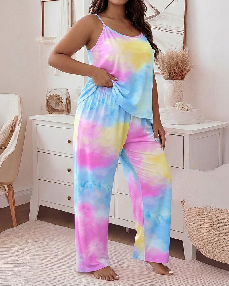 2 Pieces Outfit U-Neck Adjustable Spaghetti Straps Cami Top and Elastic Waist Wide Leg Pants Set Casual Tie Dye Print Pajamas Set