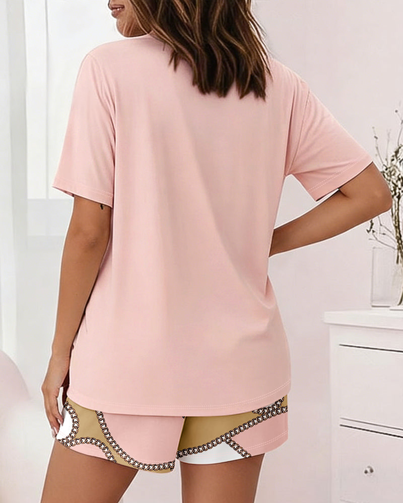 2 Pieces Outfit Faith Letter Print Round Neck Short Sleeve Top and Colorblock Chain Print Elastic Waist Shorts Set Casual Pajamas Set