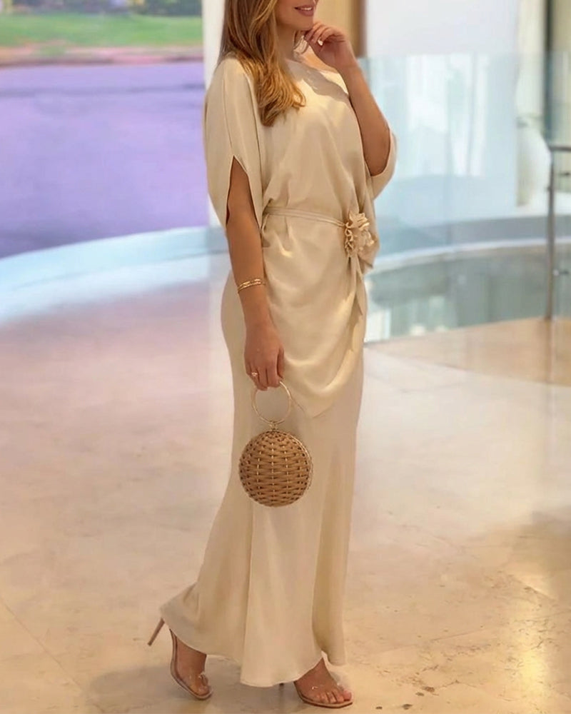 2 Pieces Outfit Skew Neck Batwing Sleeve Asymmetrical Hem Top and High Waist Zipper Side Mermaid Hem Maxi Skirt Set Elegant Satin Evening Set with 3D Flower Decor Belt