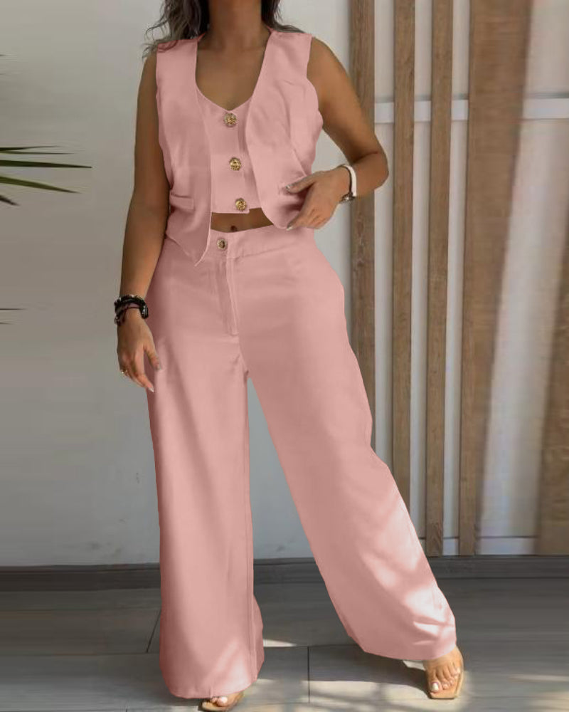 2 Pieces Outfits V Neck Sleeveless Button Front Vest Crop Top And Casual Zipper Fly Elastic Back Waist Wide Leg Pants Set