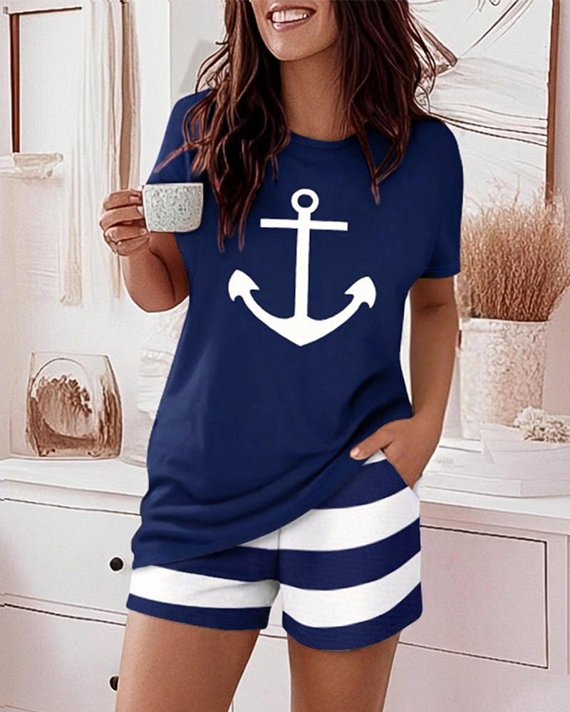 2 Pieces Outfit Anchor Print Round Neck Short Sleeve Top and Striped Elastic Waist Shorts Set Casual Pajamas Set