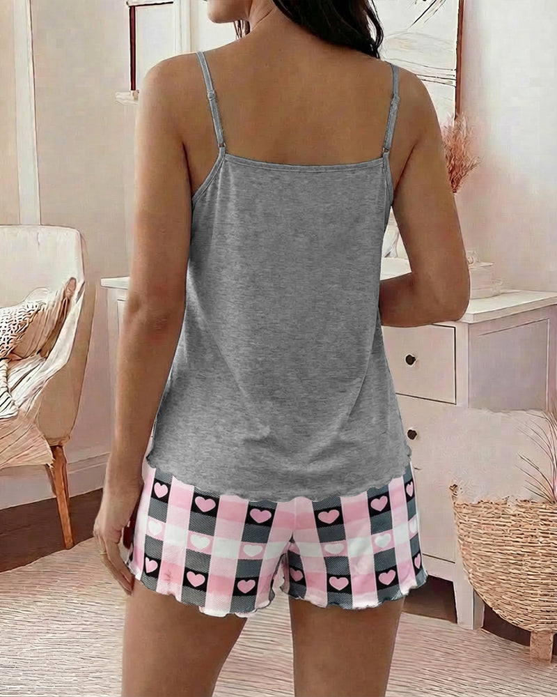 2 Pieces Outfit Heart & Good Night Slogan Print U-Neck Adjustable Spaghetti Straps Cami Top and  Plaid & Heart Print Elastic Waist Shorts Set Casual Pajamas Set