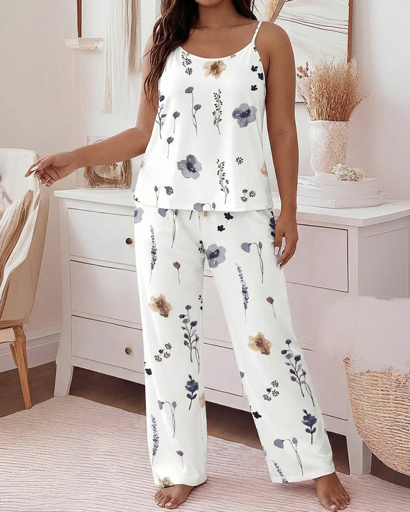2 Pieces Outfit U-Neck Adjustable Spaghetti Straps Cami Top and Elastic Waist Wide Leg Pants Set Casual Watercolor Floral Print Pajamas Set