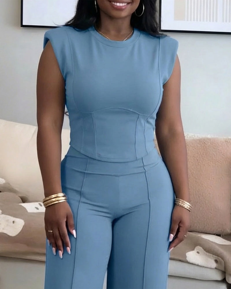 2 Pieces Outfit O-neck Sleeveless Padded Shoulders Cinched Waist Crop Top and Elastic Waist Seam Front Wide Leg Pants Set