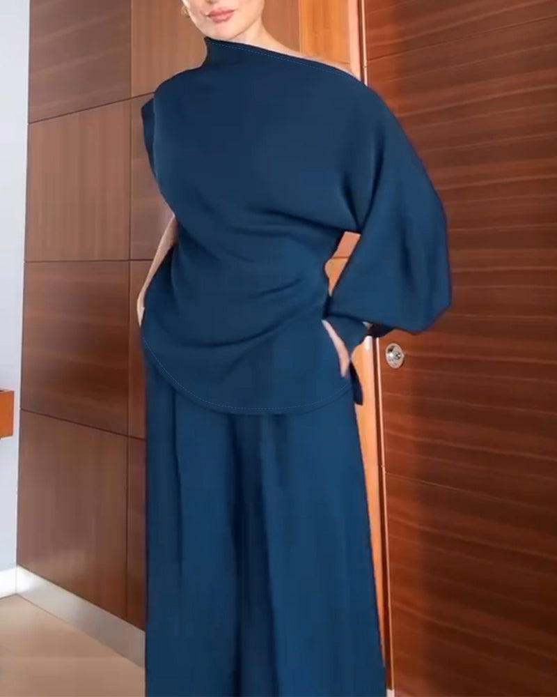 2 Pieces Outfit Skew Neck Asymmetrical Lantern Sleeve Side Slit Top and Casual Button & Zipper Side Pleated Wide Leg Pants Set