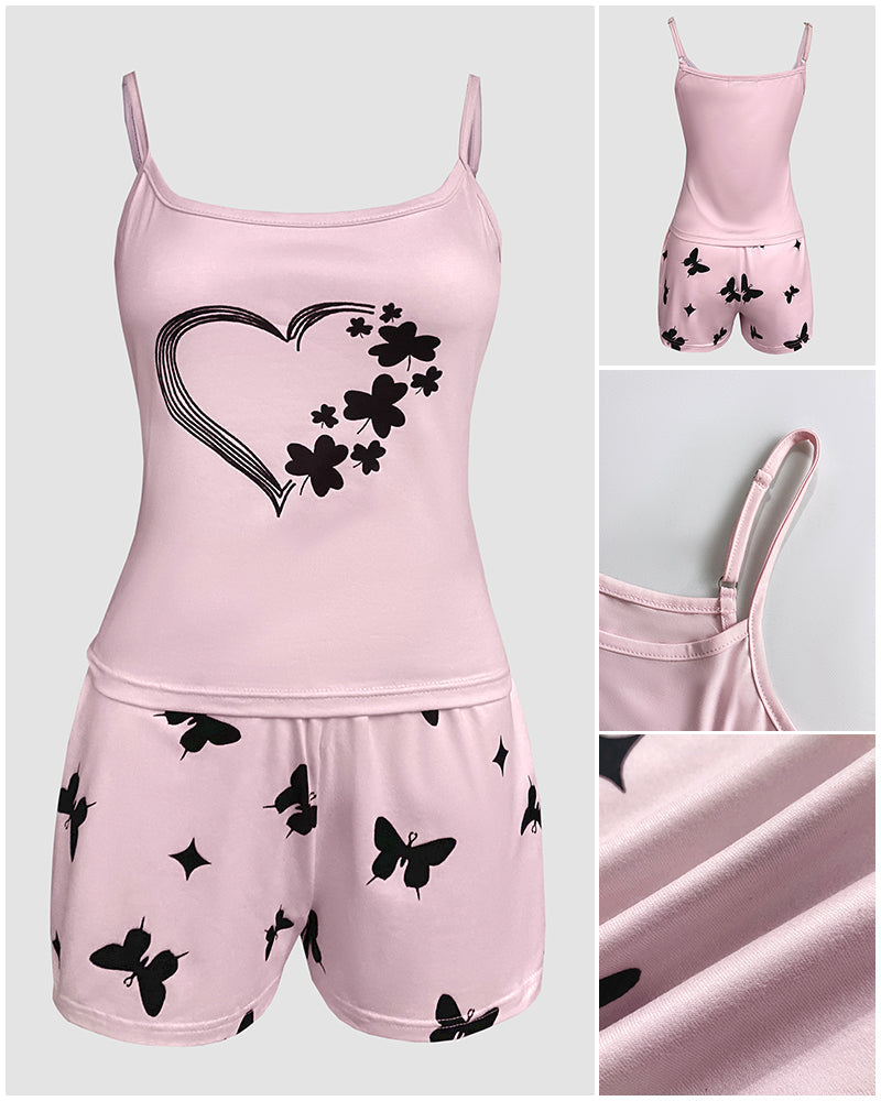 2 Pieces Outfit Heart&Three Leaf Clover Print U-Neck Adjustable Spaghetti Straps Top and Butterfly&Star Print Elastic Waist Shorts Set Casual Slim Fit Cami Set