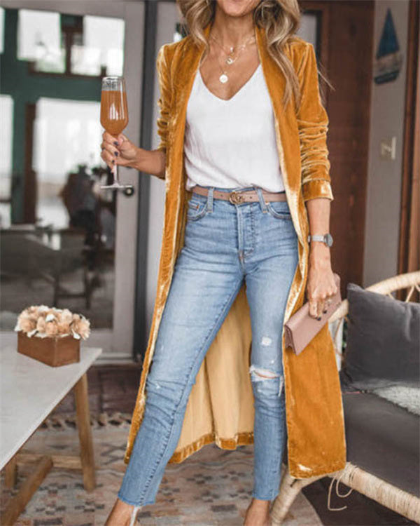 Loose Elastic Velvet Long Cardigan Jacekt Coat
