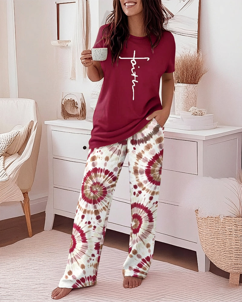 2 Pieces Outfit Faith Letter Print Short Sleeve Top and Tie Dye Print Elastic Waist Pants Set Casual Pajamas Set