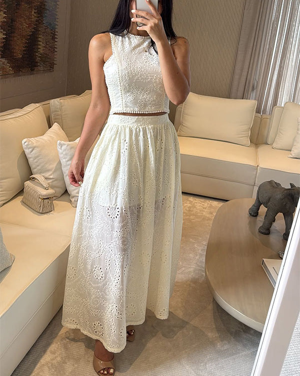 Cotton Hollow Out  Sleeveless Top & Skirt 2 Pieces Set