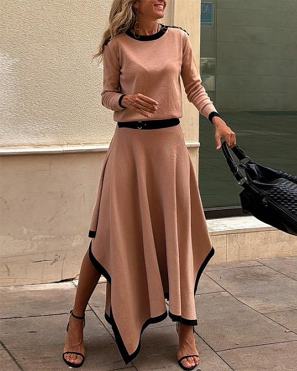 Chic O Neck Top & Skirt Set