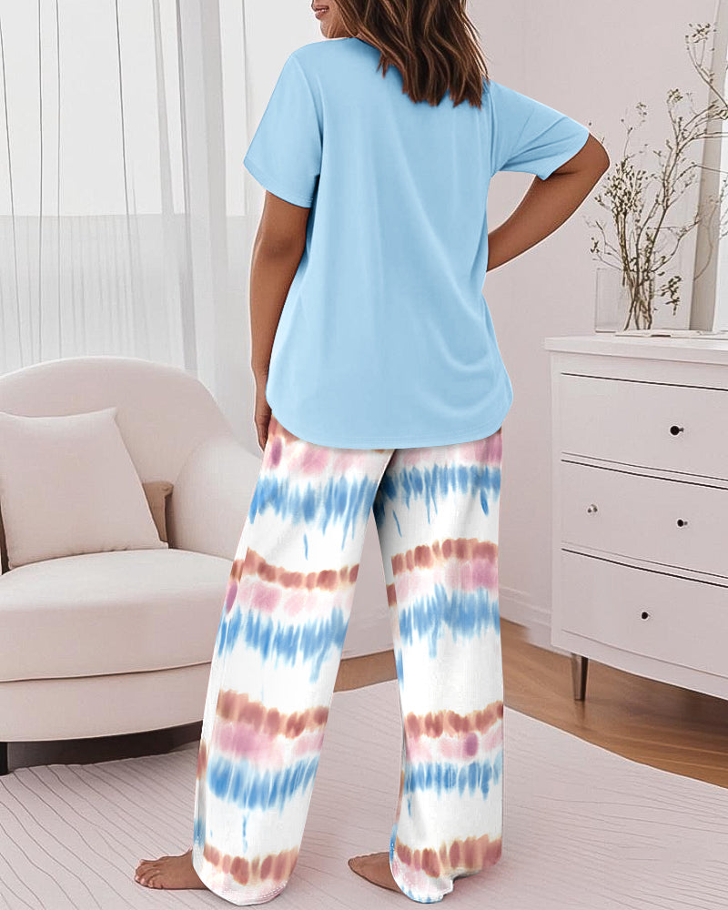 2 Pieces Outfit Letter Print Round Neck Short Sleeve Top And Tie Dye Print Elastic Waist Loose Fit Pants Set Casual Pajamas Set