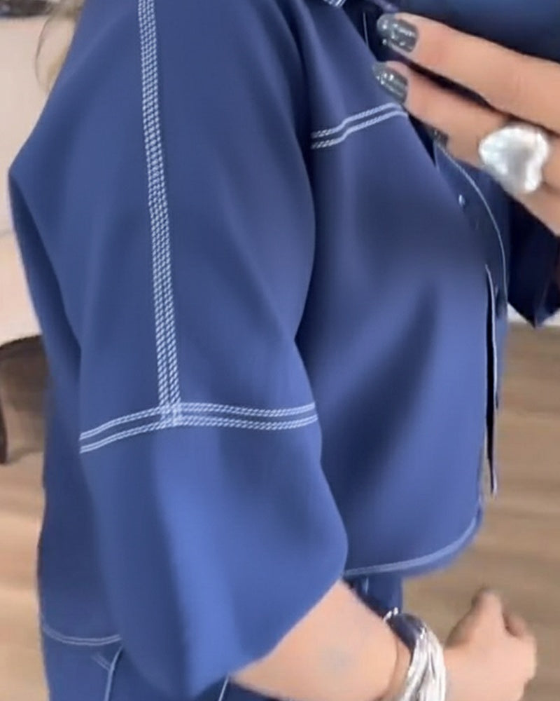 2 Pieces Outfit Turn-down Collar Half Sleeve Button Front Top and Elastic Waist Wide Leg Pants Set Casual Contrast Stitching Commuting Set