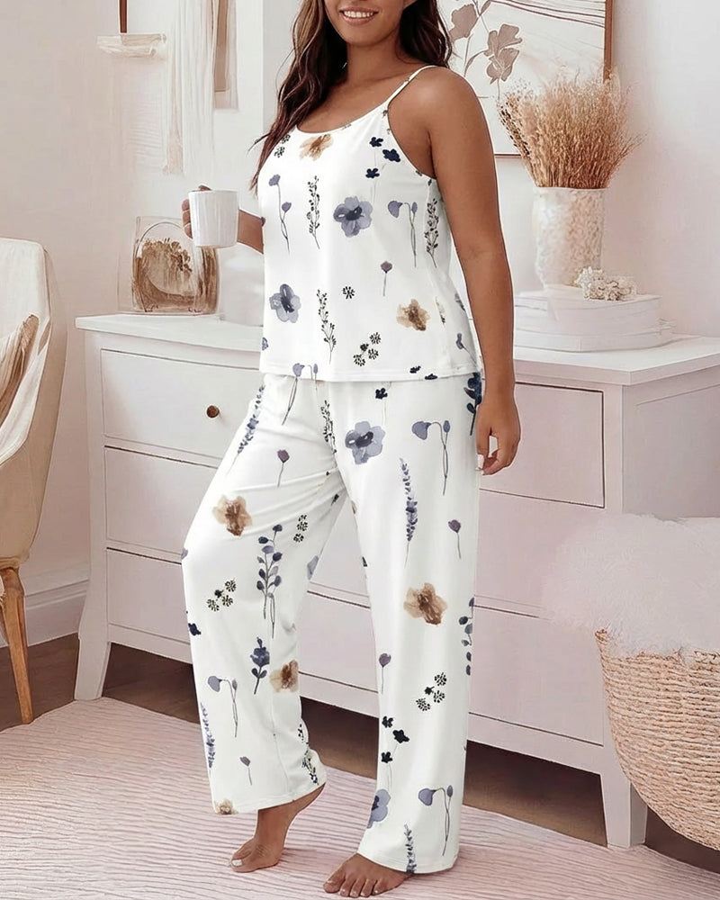 2 Pieces Outfit U-Neck Adjustable Spaghetti Straps Cami Top and Elastic Waist Wide Leg Pants Set Casual Watercolor Floral Print Pajamas Set