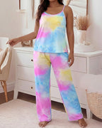2 Pieces Outfit U-Neck Adjustable Spaghetti Straps Cami Top and Elastic Waist Wide Leg Pants Set Casual Tie Dye Print Pajamas Set