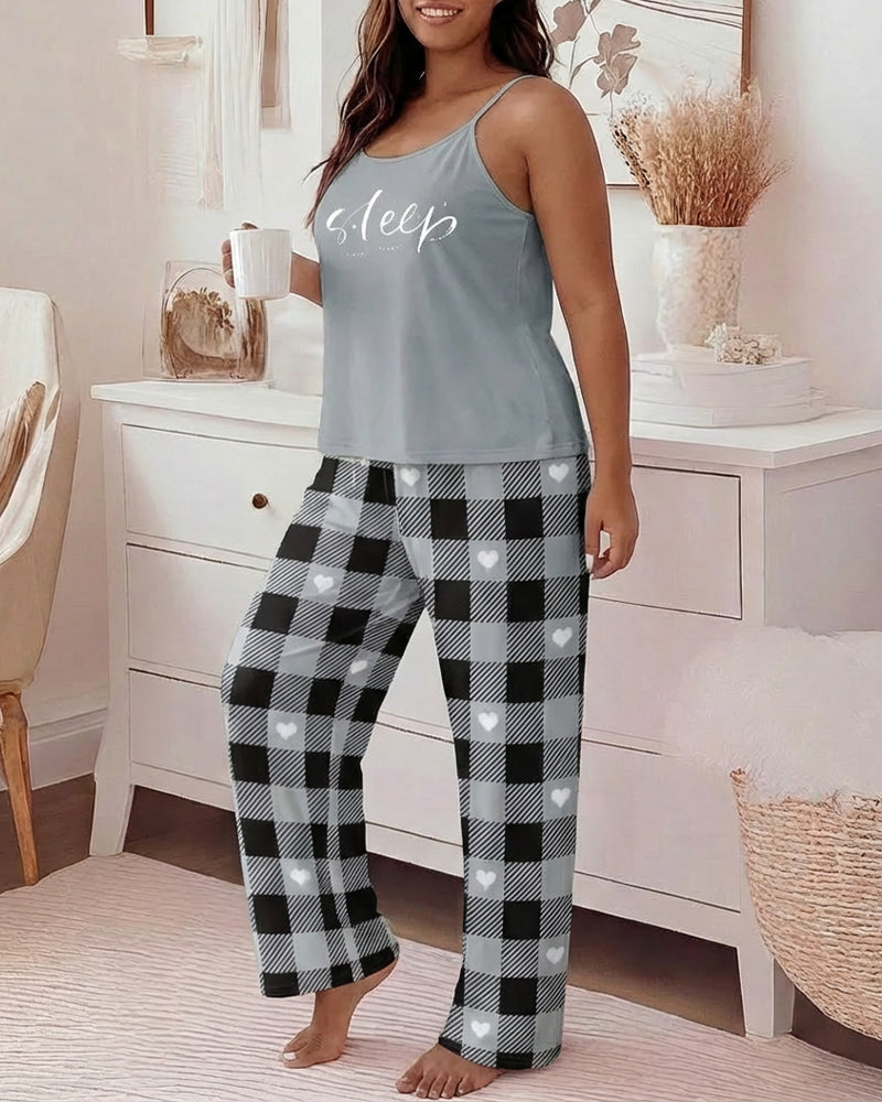 2 Pieces Outfit Eyelash & Sleep Letter Print U-Neck Adjustable Spaghetti Straps Cami Top and Plaid & Heart Print Elastic Waist Wide Leg Pants Set Casual Pajamas Set