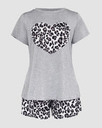 Leopard Heart Print Short Sleeve Pajamas Set