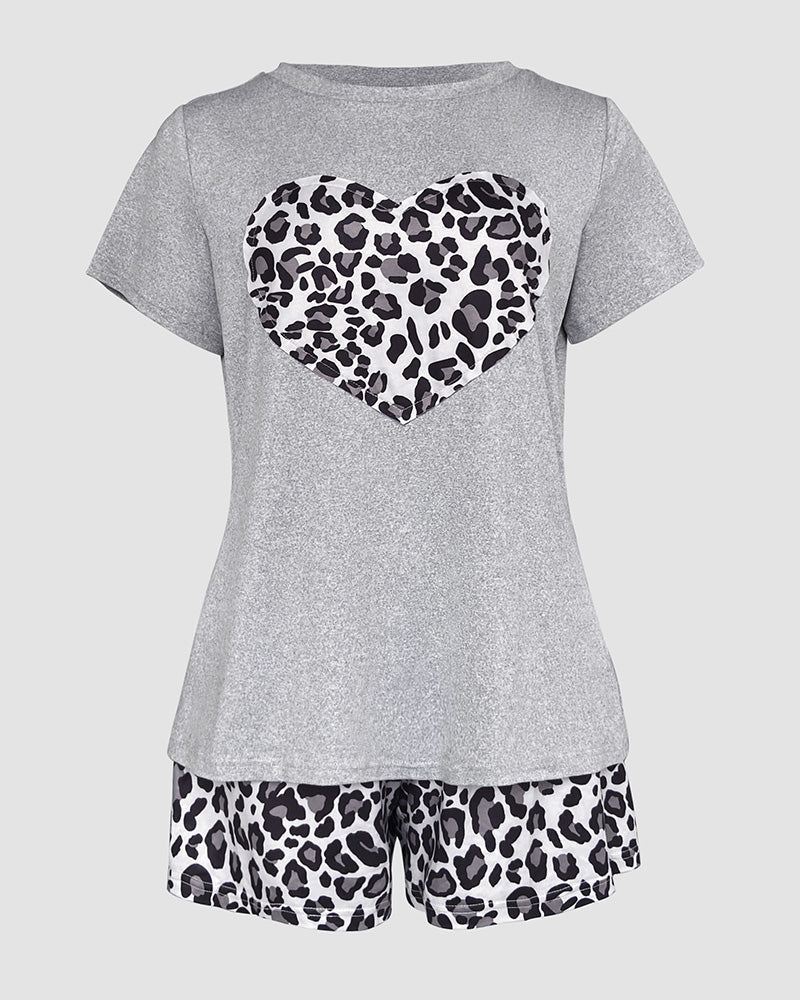 Leopard Heart Print Short Sleeve Pajamas Set