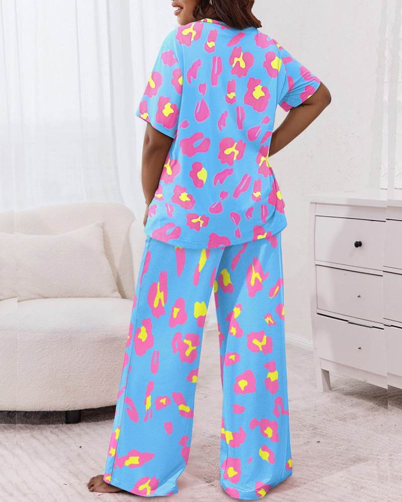Pink Leopard Print Wide Leg Pajamas Set