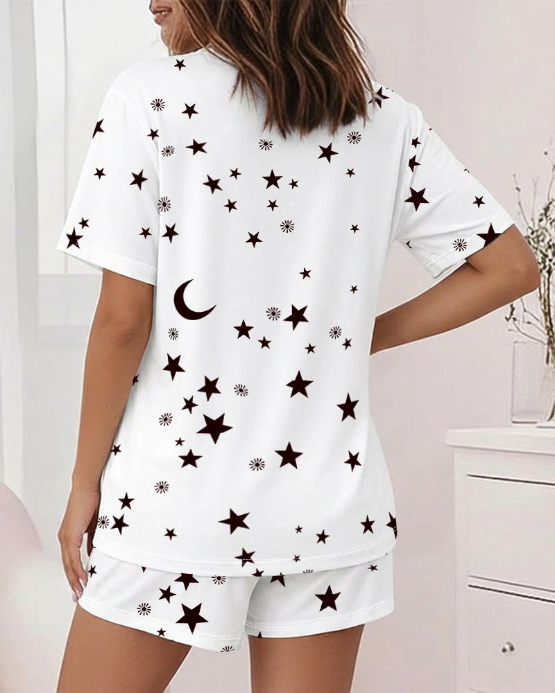 2 Pieces Outfit Round Neck Short Sleeve Top and Elastic Waist Shorts Set Casual Allover Star & Moon Print Pajamas Set
