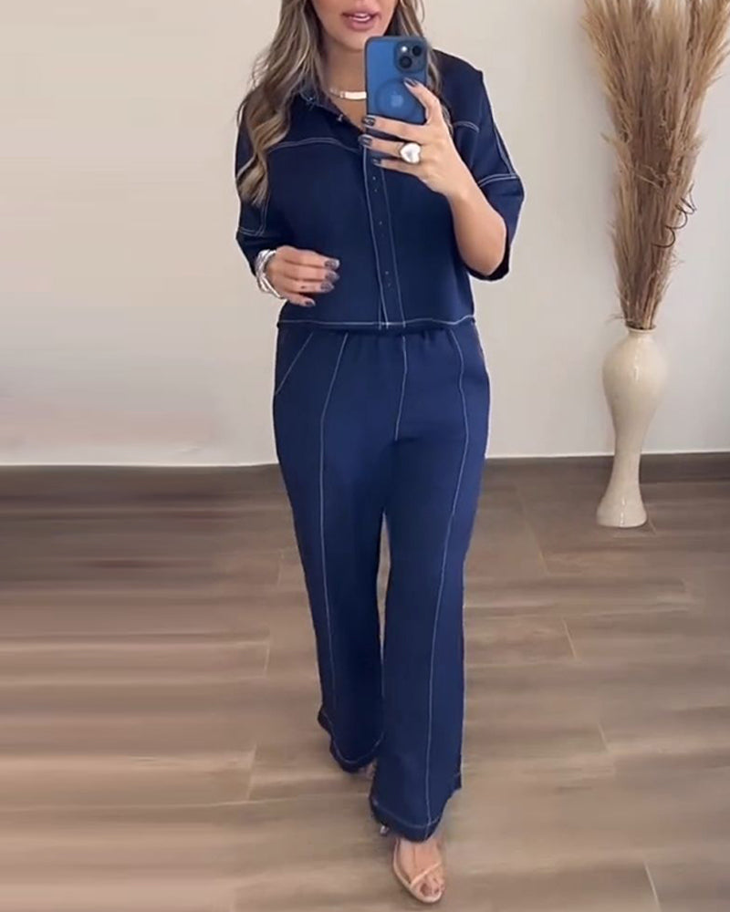 2 Pieces Outfit Turn-down Collar Half Sleeve Button Front Top and Elastic Waist Wide Leg Pants Set Casual Contrast Stitching Commuting Set