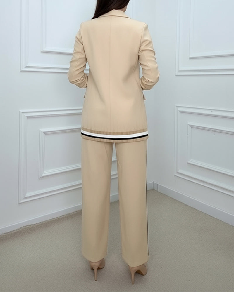 2 Pieces Outfit Notched Collar Single Breasted Flap Detail Coat and Elastic Waist Seam Front Wide Leg Pants Set Casual Contrast Striped Blazer Set