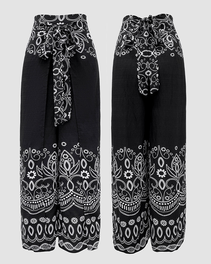 2 Pieces Outfits Tribal Print Keyhole Neck Sleeveless Top and Wide Leg Tied Detail Slit Pants Sets