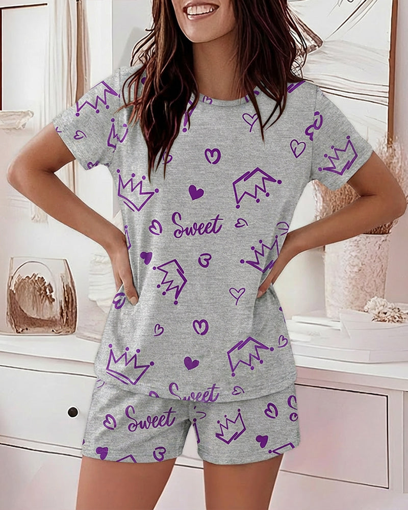 2 Pieces Outfit Sweet Letter Print Short Sleeve Top and Elastic Waist Shorts Set Casual Crown & Heart Print Pajamas Set