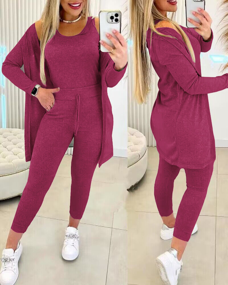 3 Piece Lounge Set Crewneck Sleeveless Tank Top Long Sleeve Open Front Coat Pants Sweatsuit