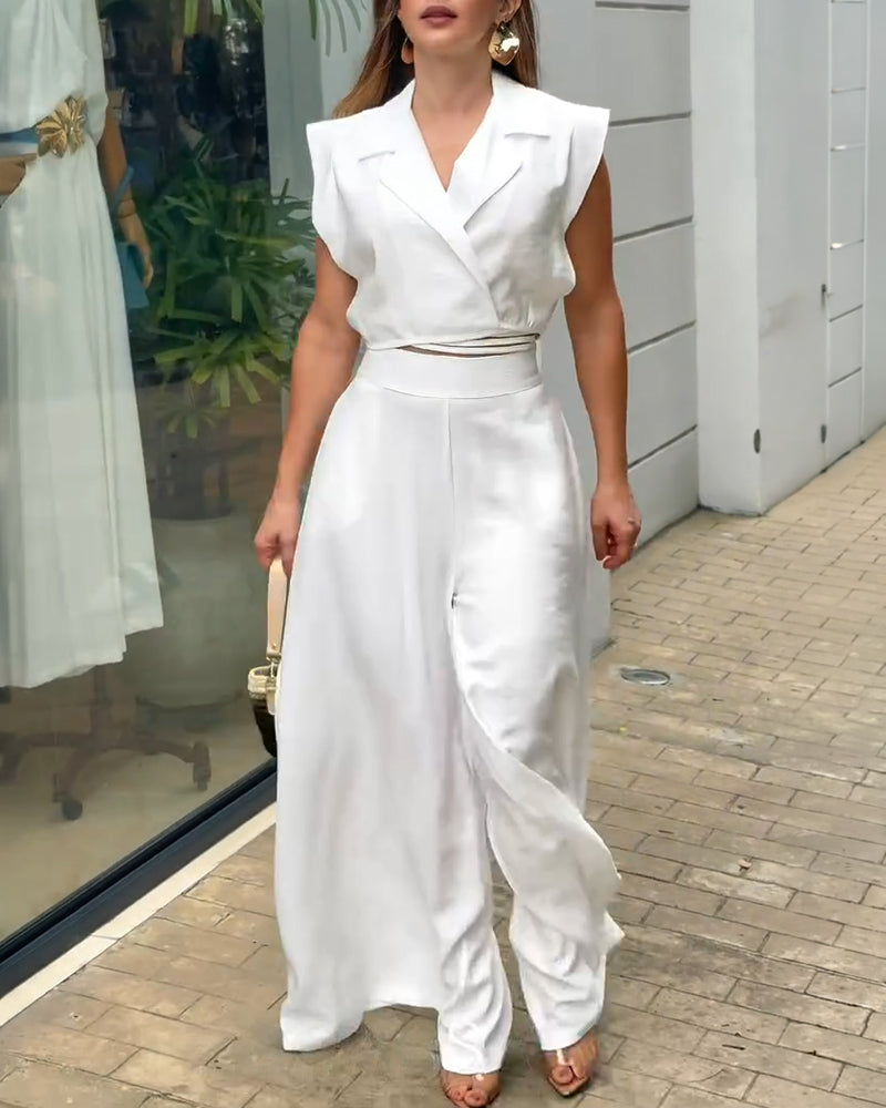 2 Pieces Outfit Notched Collar Sleeveless Wrap Lace-up Crop Top and Causal High Waist Zipper Side Elastic Back Waist Wide Leg Pants Set with Lining