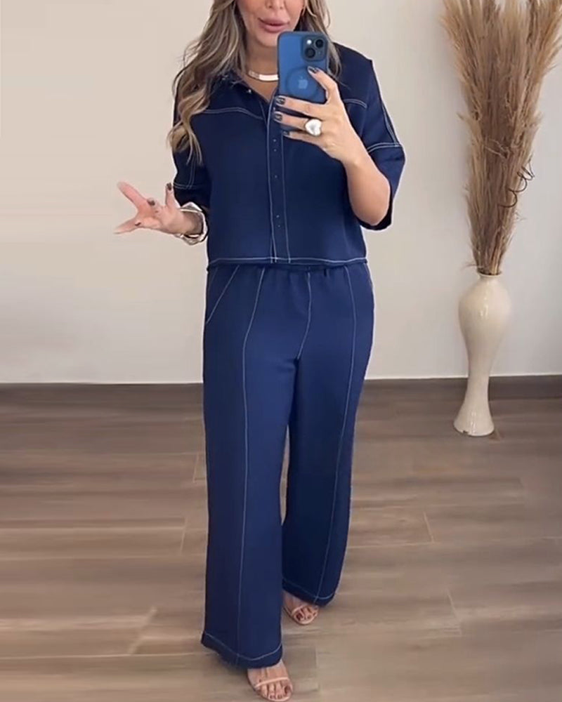 2 Pieces Outfit Turn-down Collar Half Sleeve Button Front Top and Elastic Waist Wide Leg Pants Set Casual Contrast Stitching Commuting Set