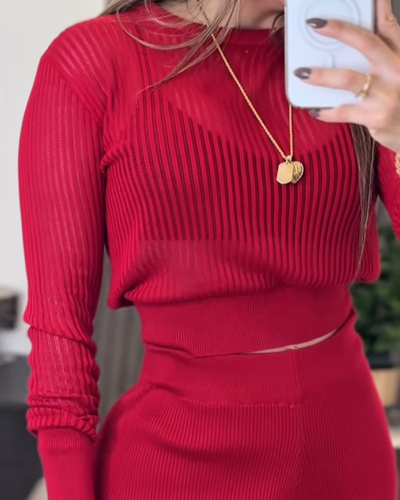 Round Neck Long Sleeve Vertical Pit Texture Top and Casual Wide Leg Pants Set