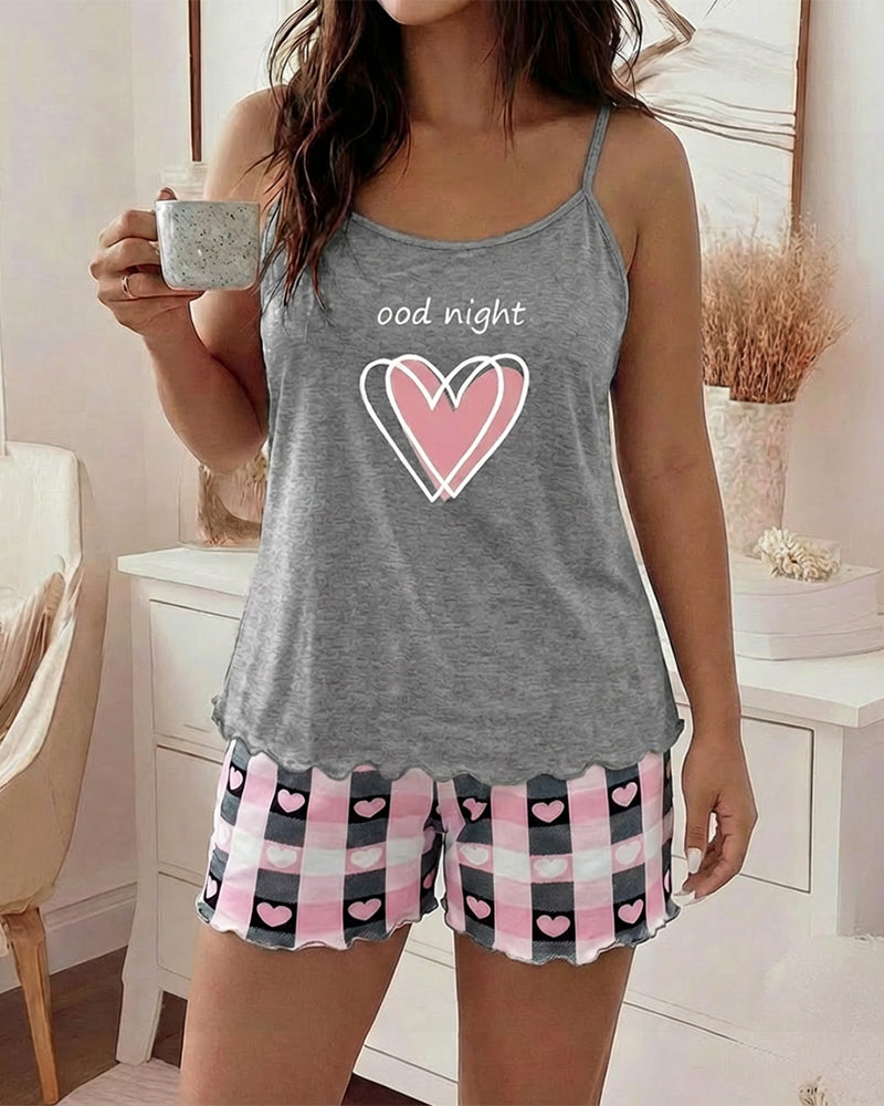 2 Pieces Outfit Heart & Good Night Slogan Print U-Neck Adjustable Spaghetti Straps Cami Top and  Plaid & Heart Print Elastic Waist Shorts Set Casual Pajamas Set