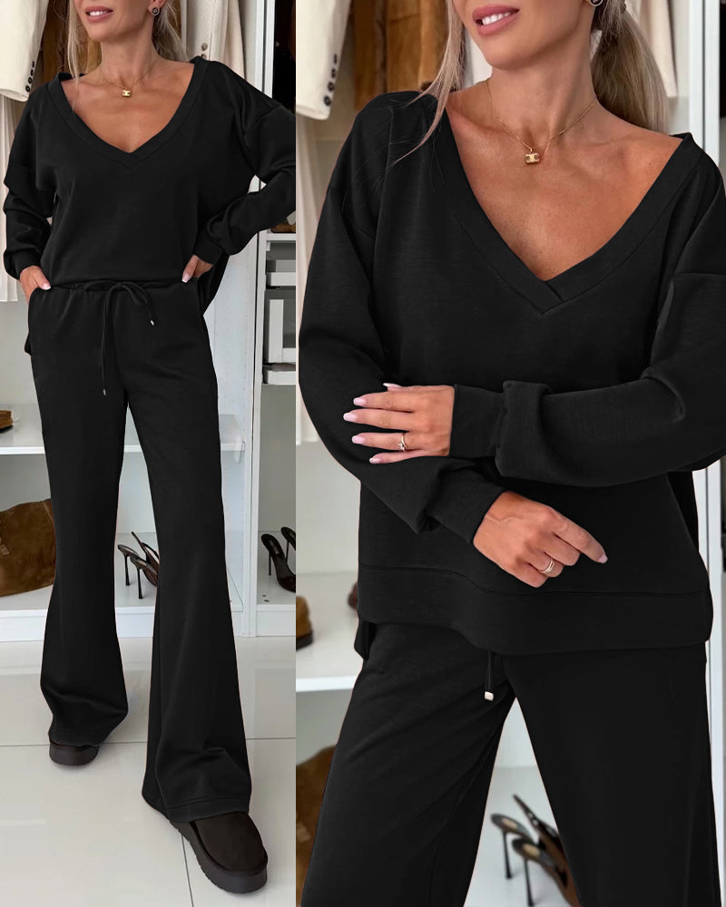 2 Pieces Outfit Plunge V Neck Pullover Sweatshirt and Casual Drawstring Waist Wide Leg Pants Set