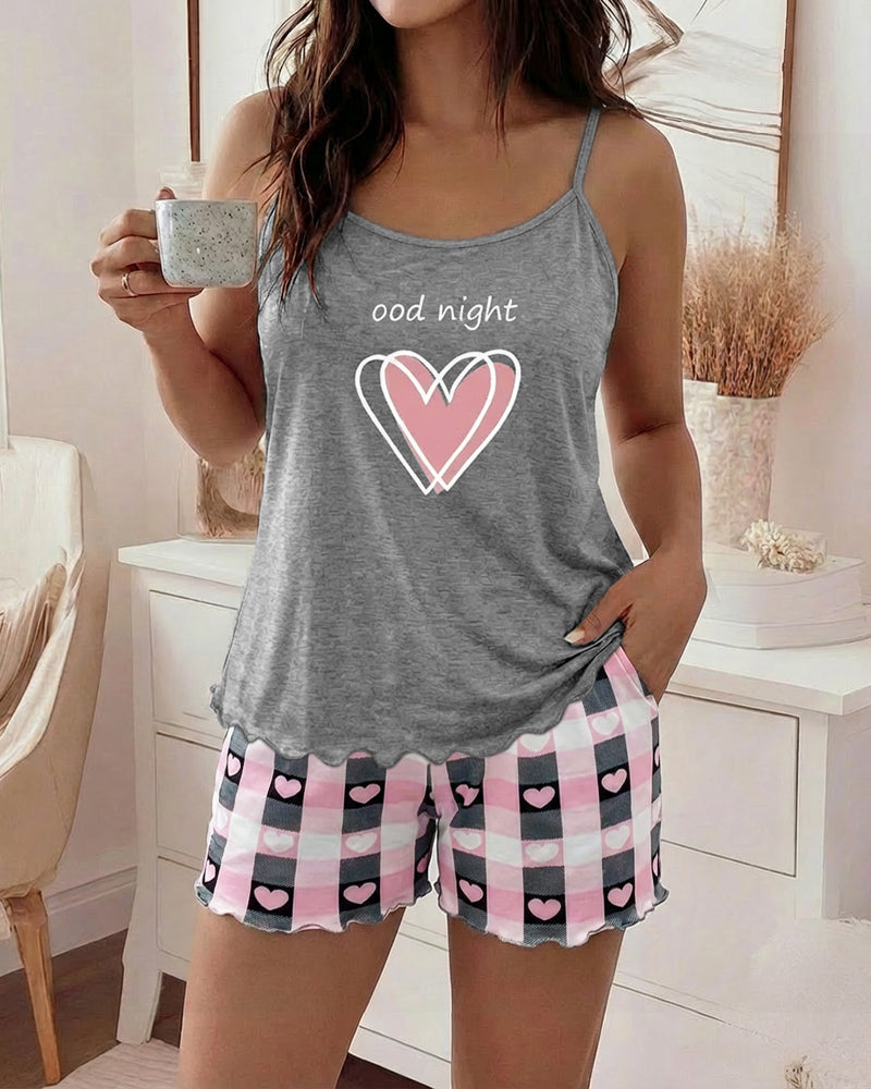 2 Pieces Outfit Heart & Good Night Slogan Print U-Neck Adjustable Spaghetti Straps Cami Top and  Plaid & Heart Print Elastic Waist Shorts Set Casual Pajamas Set