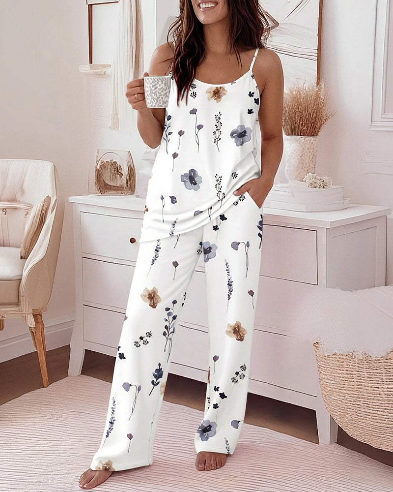 2 Pieces Outfit U-Neck Adjustable Spaghetti Straps Cami Top and Elastic Waist Wide Leg Pants Set Casual Watercolor Floral Print Pajamas Set