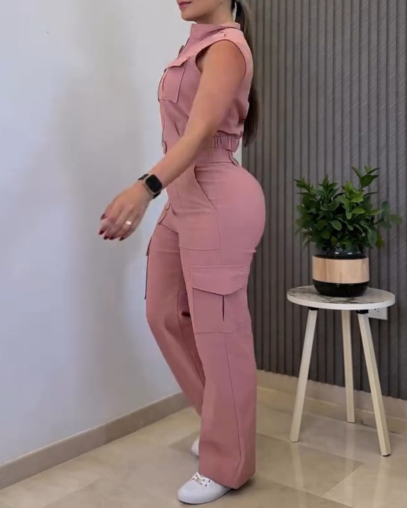 Stylish Plain Two-piece Set 3D Cargo Pockets Sleeveless Tank Top and Casual High Waist Wide Leg Pants Set