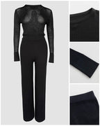Round Neck Long Sleeve Vertical Pit Texture Top and Casual Wide Leg Pants Set